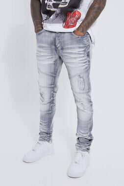 boohooMAN Men Skinny Stretch Heavy Bleached Ripped Biker Jeans Ice Grey 28R NWT